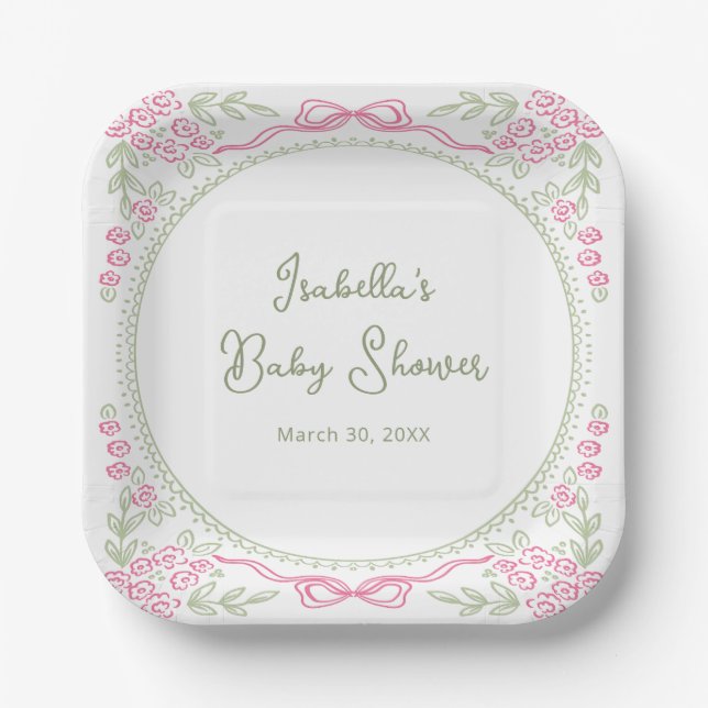 Whimsical Floral Bow Baby Shower  Paper Plate (Front)