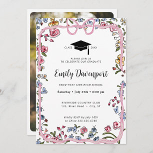 Whimsical Floral Bow Graduation photo on back  Invitation