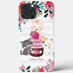 Whimsical Floral Cartoon Cats Strawberry Cupcake iPhone 13 Pro Max Case