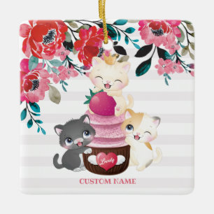Whimsical Floral Cartoon Cats Strawberry Cupcake Ceramic Ornament
