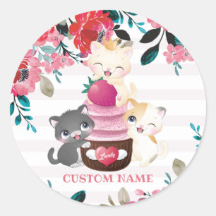 Whimsical Floral Cartoon Cats Strawberry Cupcake Classic Round Sticker