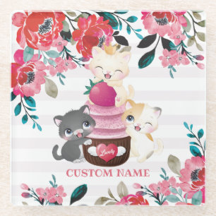 Whimsical Floral Cartoon Cats Strawberry Cupcake Glass Coaster