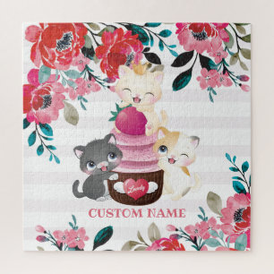 Whimsical Floral Cartoon Cats Strawberry Cupcake Jigsaw Puzzle