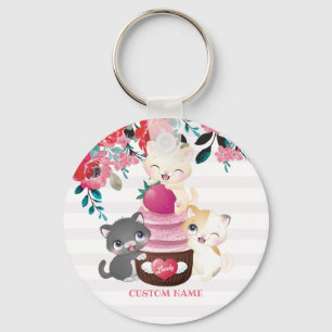 Whimsical Floral Cartoon Cats Strawberry Cupcake Key Ring