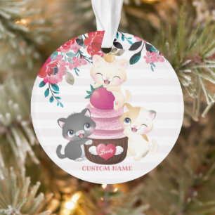 Whimsical Floral Cartoon Cats Strawberry Cupcake Ornament