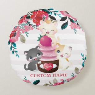 Whimsical Floral Cartoon Cats Strawberry Cupcake Round Cushion
