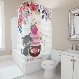 Whimsical Floral Cartoon Cats Strawberry Cupcake Shower Curtain