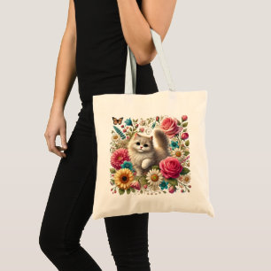 Whimsical Floral Cat Tote Bag