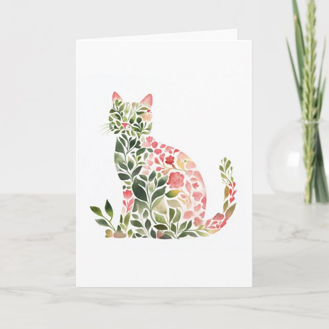 Whimsical Floral Cat Watercolor Greeting  Card (Front)