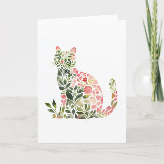 Whimsical Floral Cat Watercolor Greeting  Card