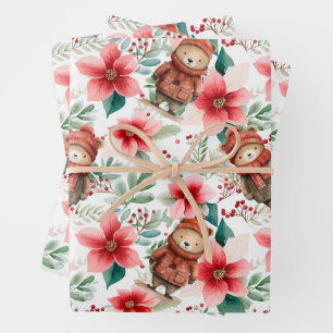 Whimsical Floral Christmas Bears Wrapping Paper