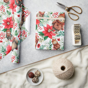 Whimsical Floral Christmas Bears Wrapping Paper