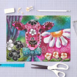 Whimsical Floral Cow Pink Teal Black Decoupage Tissue Paper