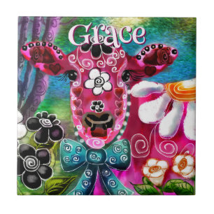 Whimsical Floral Cow Pink Teal Black Personalised Ceramic Tile