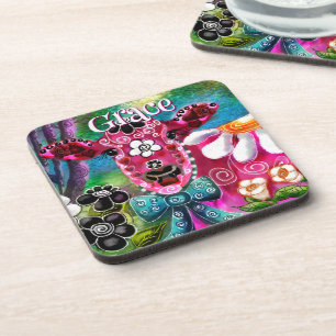 Whimsical Floral Cow Pink Teal Black Personalised Coaster