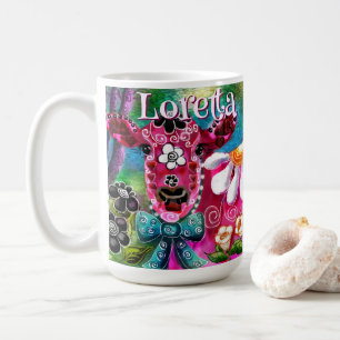 Whimsical Floral Cow Pink Teal Black Personalised Coffee Mug