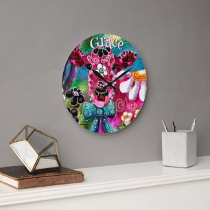 Whimsical Floral Cow Pink Teal Black Personalised Large Clock