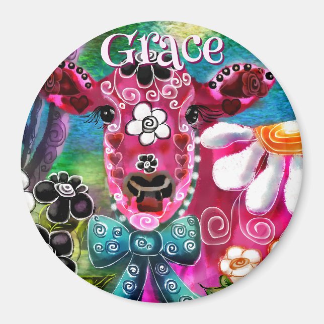 Whimsical Floral Cow Pink Teal Black Personalised Magnet (Front)
