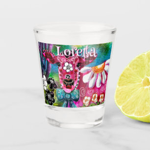 Whimsical Floral Cow Pink Teal Black Personalised Shot Glass