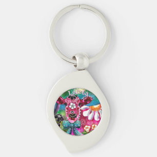 Whimsical Floral Cow Pink Teal Black Personalized Key Ring