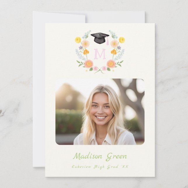 Whimsical Floral Crest Graduation Invitation (Front)