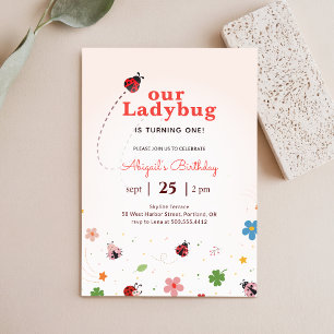Whimsical Floral Cute Bug Ladybug 1st Birthday Invitation