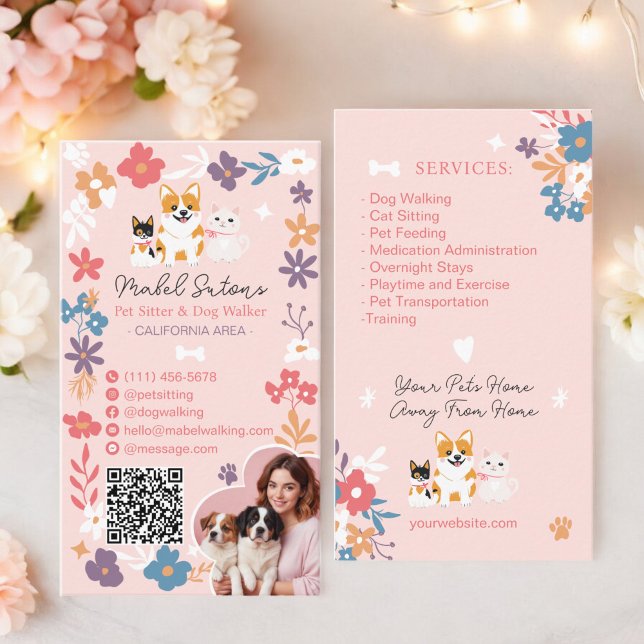 Whimsical floral cute pastel pet sitter dog walker business card (Whimsical floral cute pastel pet sitter dog walker business card)