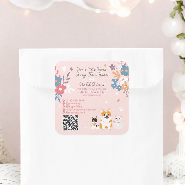 Whimsical floral cute pastel pet sitter dog walker square sticker (Whimsical floral cute pastel pet sitter dog walker square sticker)