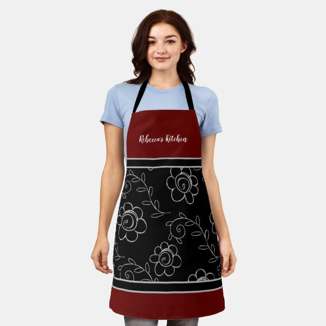 Whimsical Floral Design Custom Name Apron (Worn)