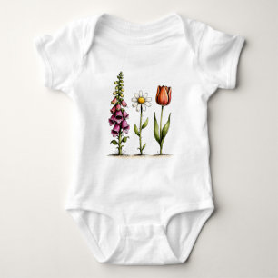 Whimsical Floral Design Foxglove Daisy Tulip Baby Bodysuit