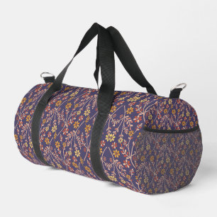 Whimsical Floral Design with Vines on Purple Back Duffle Bag