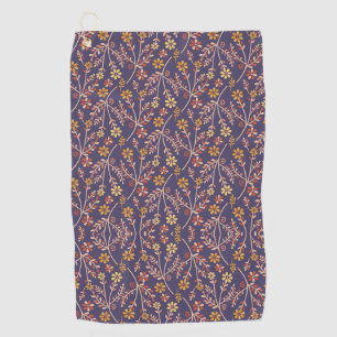 Whimsical Floral Design with Vines on Purple Back Golf Towel