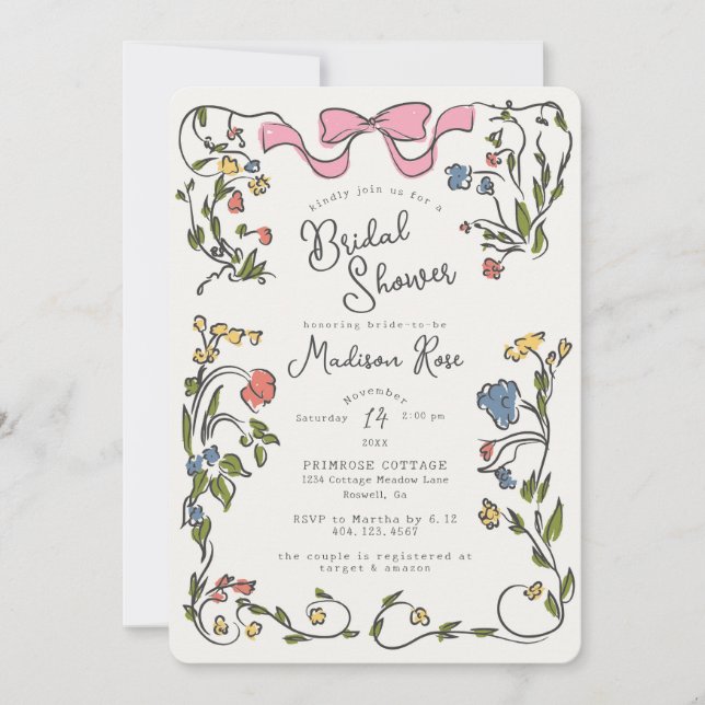 Whimsical Floral Doodle Bridal Shower Invite (Front)