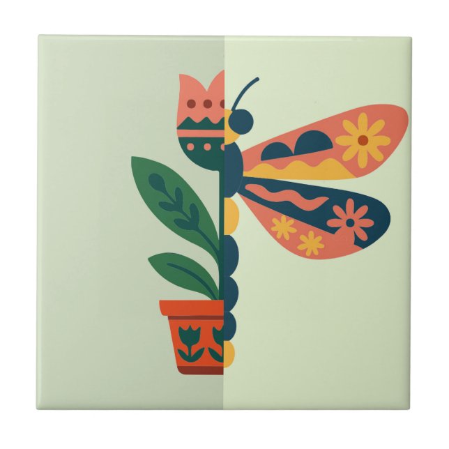 Whimsical floral dragonfly Design Ceramic Tile (Front)