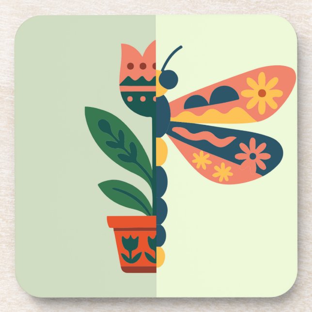 Whimsical floral dragonfly Design Coaster (Front)