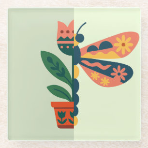 Whimsical floral dragonfly Design Glass Coaster