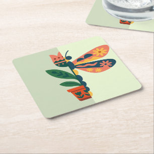 Whimsical floral dragonfly Design Square Paper Coaster