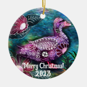 Whimsical Floral Duck Painting Purple Personalised Ceramic Ornament