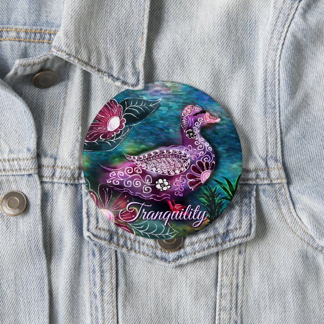 Whimsical Floral Duck Purple Teal Personalised 10 Cm Round Badge (In Situ)