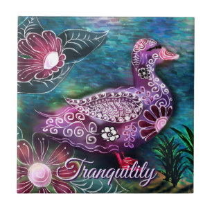 Whimsical Floral Duck Purple Teal Personalised Ceramic Tile