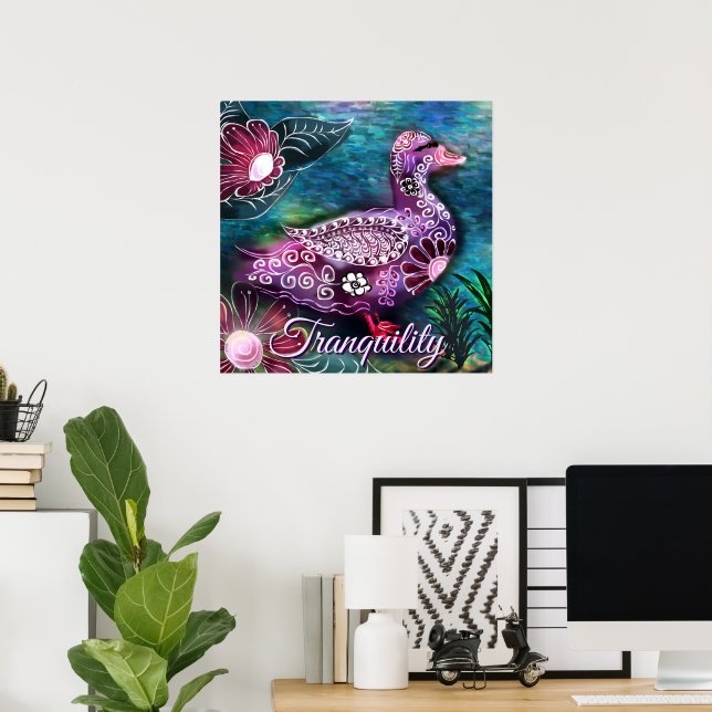 Whimsical Floral Duck Purple Teal Personalised Poster (Home Office)