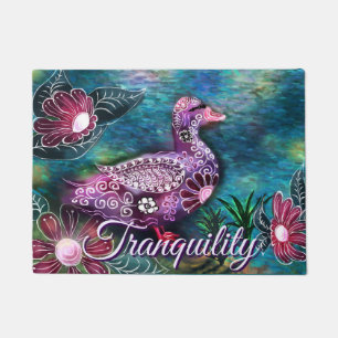 Whimsical Floral Duck Purple Teal Personalized Doormat