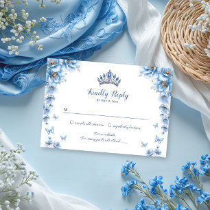 Whimsical Floral Dusty Blue Princess Quinceañera RSVP Card