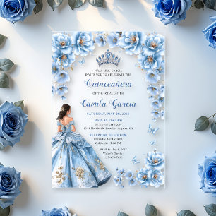 Whimsical Floral Dusty Blue Tiara Quinceañera Acrylic Invitations