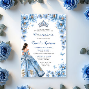 Whimsical Floral Dusty Blue Tiara Quinceañera Invitation