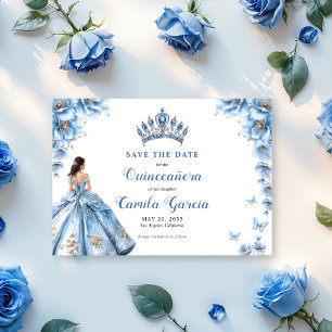 Whimsical Floral Dusty Blue Tiara Quinceañera Save The Date