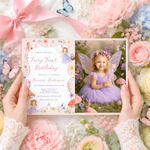 Whimsical Floral Fairy First 1st Birthday Photo Invitation