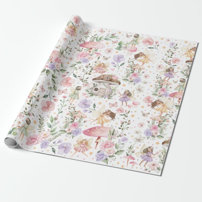 Whimsical Floral Fairy Garden Tea Party Birthday Wrapping Paper (Unrolled)