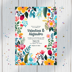 Whimsical Floral Fiesta Wedding Photo and QR Code Invitation