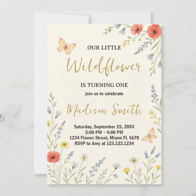 Whimsical Floral First Birthday Invitation (Front)